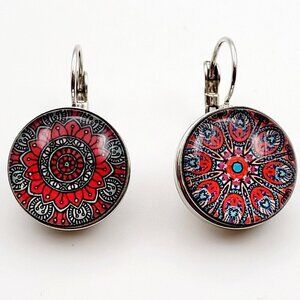Mandala Patterned Glass Snap In Earrings Silver Toned Mix Matched Boho Gypsy EUC